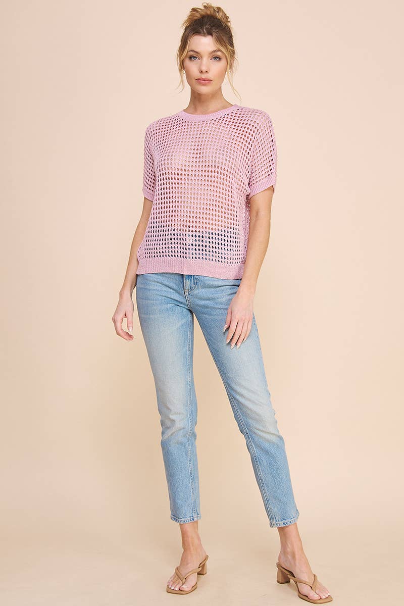 Open Weave Foil Knit Crochet Short Sleeve