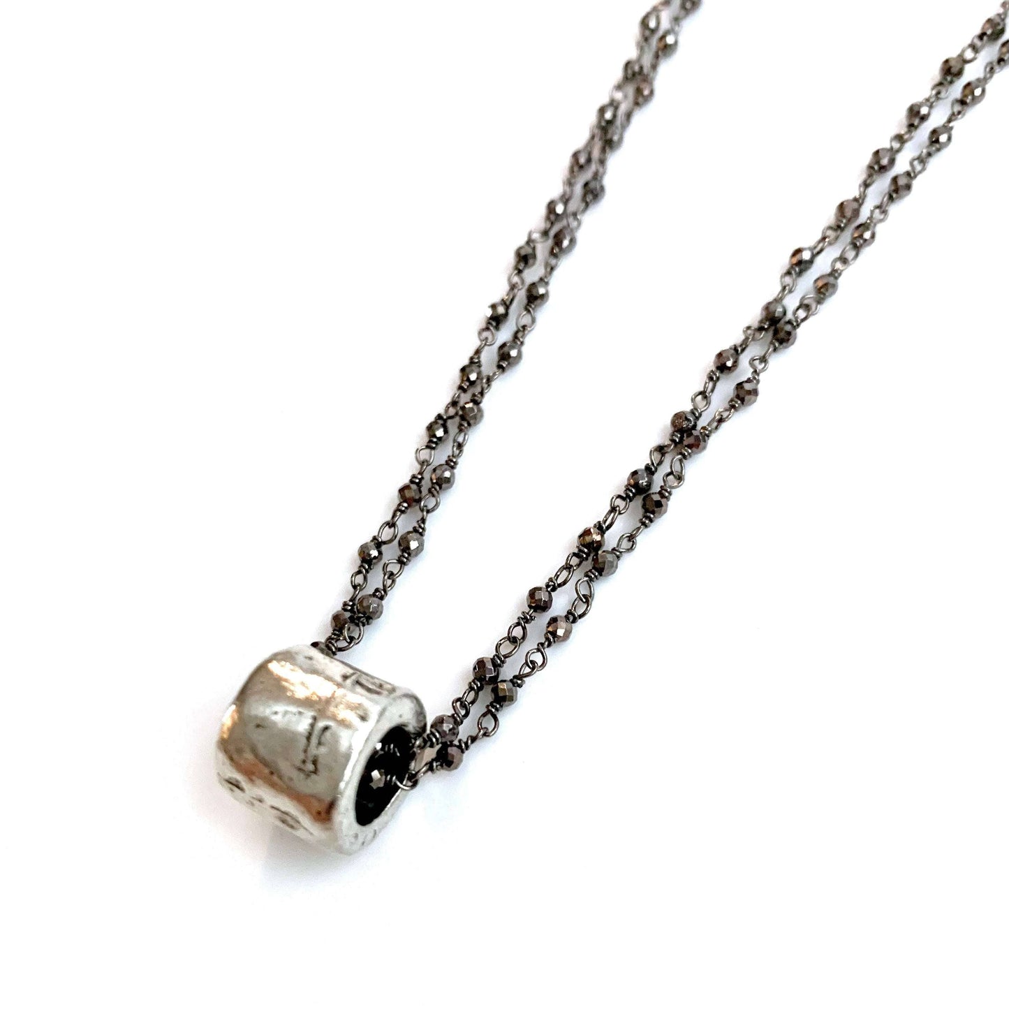 Silver Barrel on Double Oxi Pyrite Necklace
