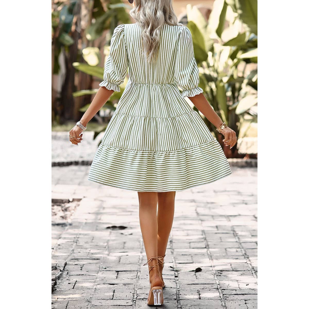 Stripe V Neck Button Puff Sleeves High Waist Dress