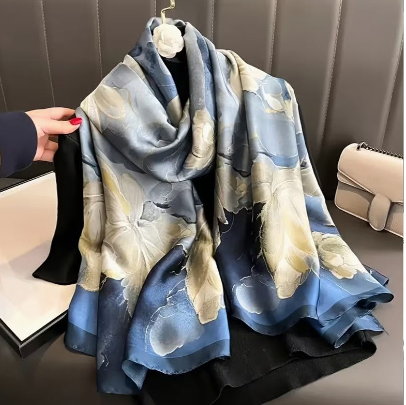 Blue on Dark Blue Floral scarf with Dark Blue Border