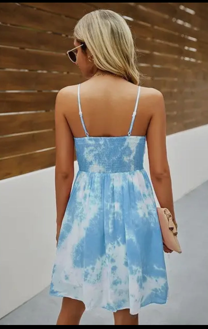 Blue Spaghetti Strap Tie Dye Dress