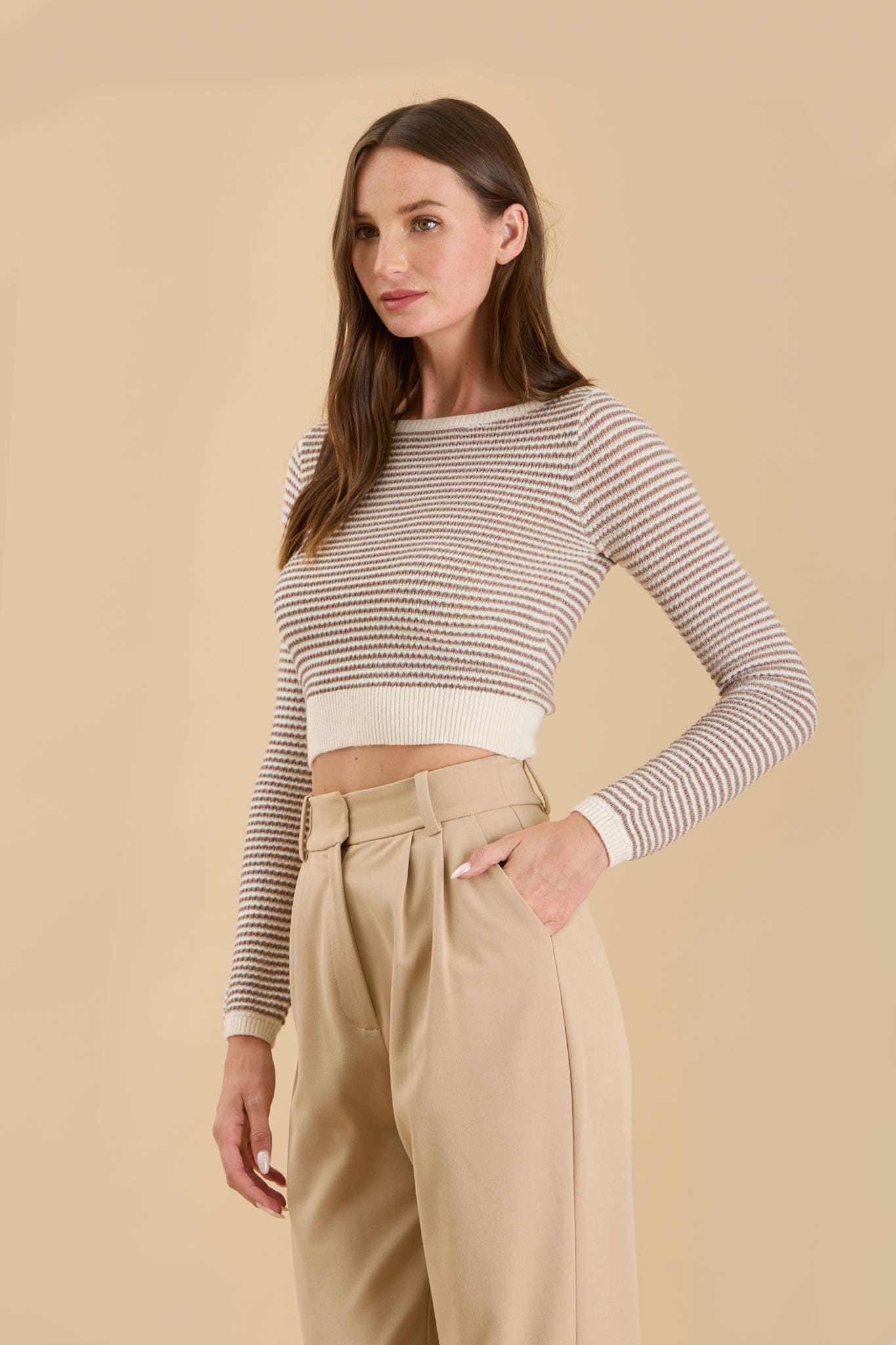 STRIPE BOAT NECK KNIT LONG SLEEVE CROPPED SWEATER
