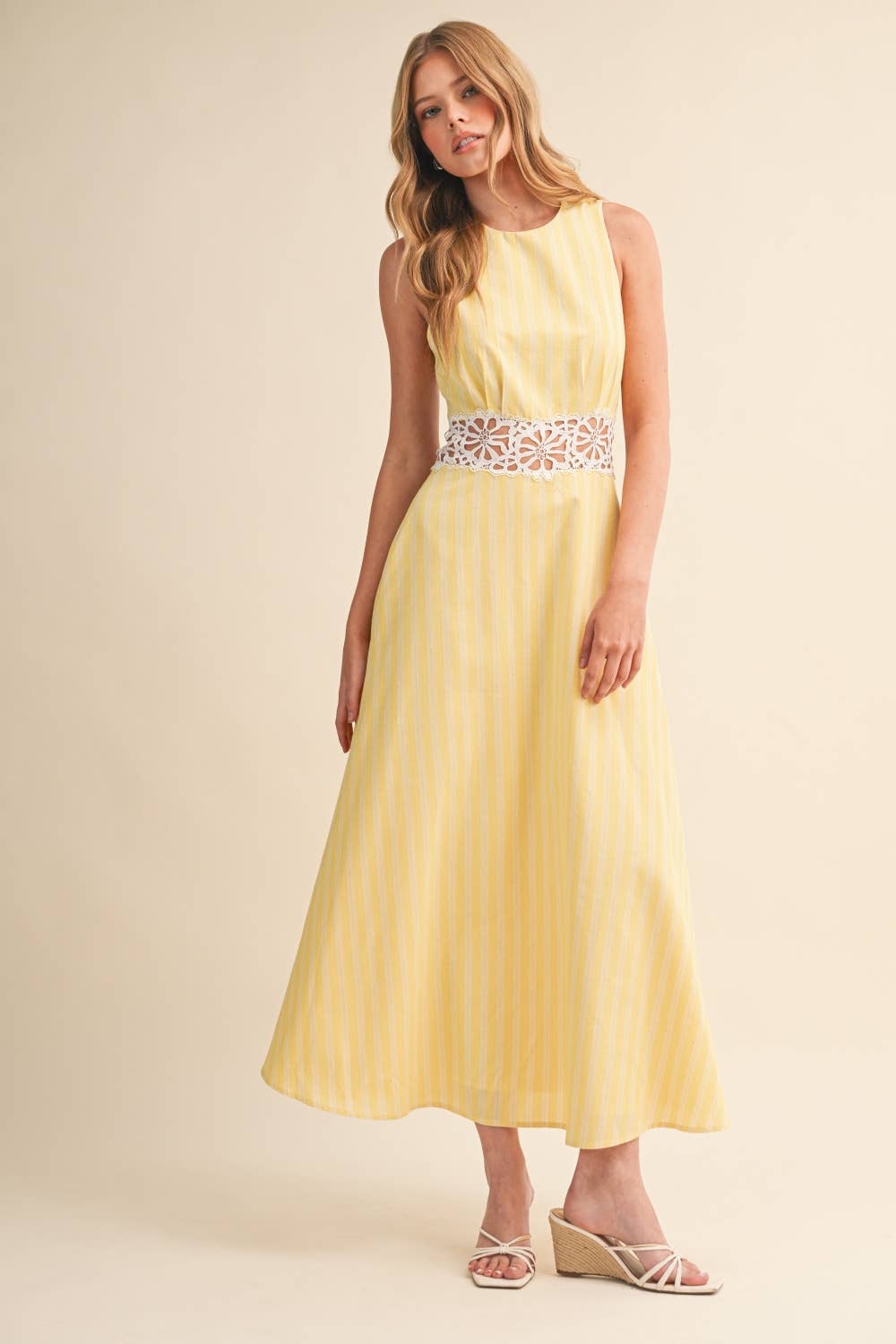 IDA1050 STRIPED  LACE TRIM OPEN BACK DETAIL MIDI DRESS