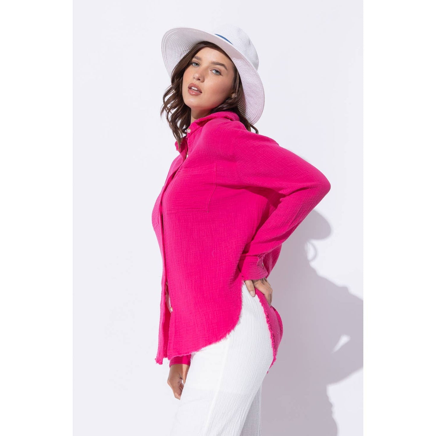 WRINKLED GAUZE BUTTON DOWN SHIRT WITH ROUGH EDGING