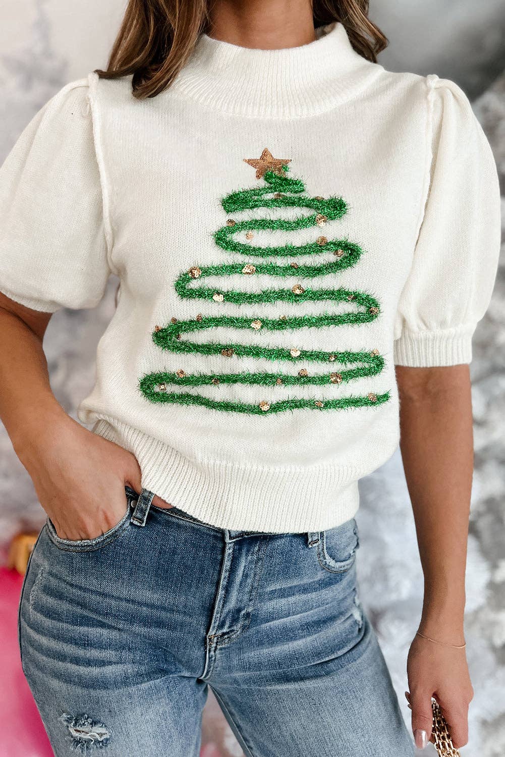 Tinsel Christmas Tree Puff Sleeve Sweater