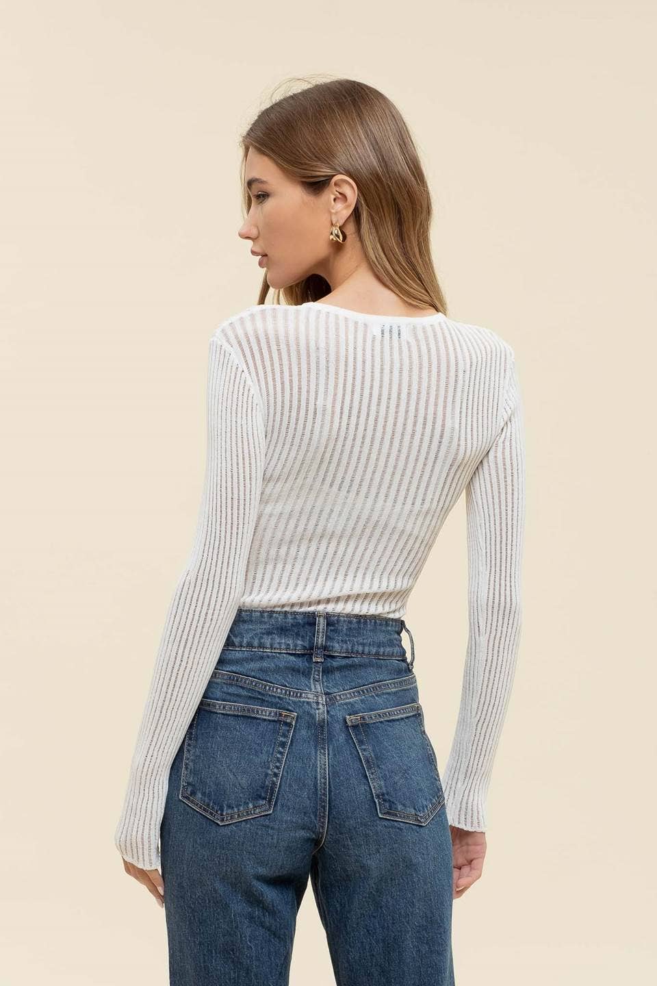 SHEER RIB KNIT ROUND NECK LONG SLEEVE SWEATER