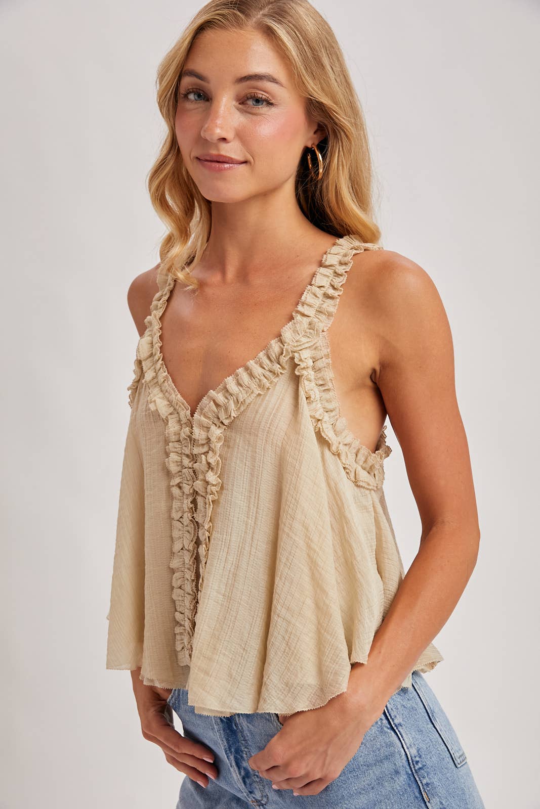 GATHERED STRAP RAW-EDGE V-NECK FLOWY TOP