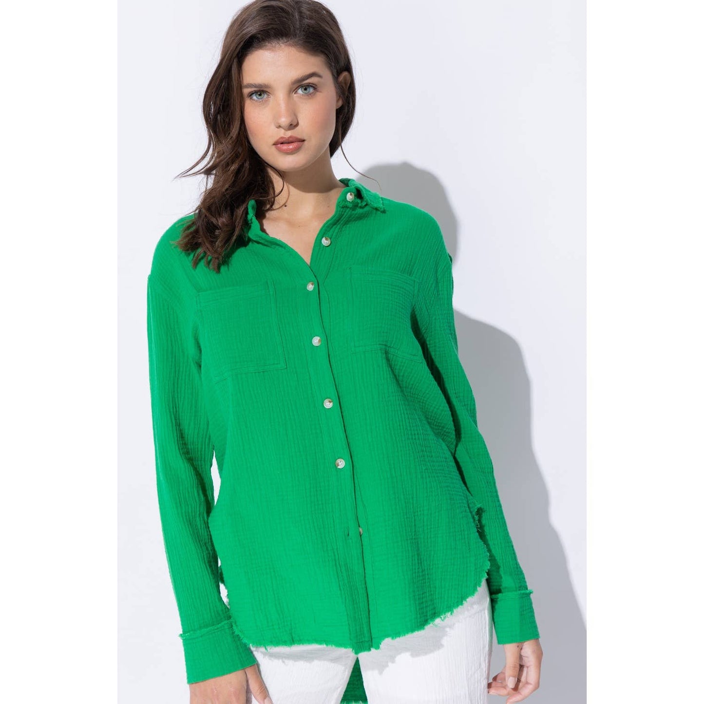 WRINKLED GAUZE BUTTON DOWN SHIRT WITH ROUGH EDGING