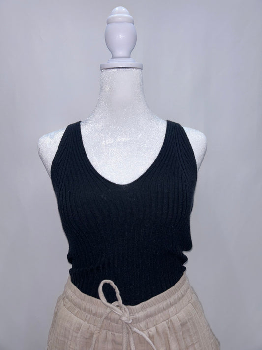 Ribbed Knit V-neck Sleeveless Crop Top Black L