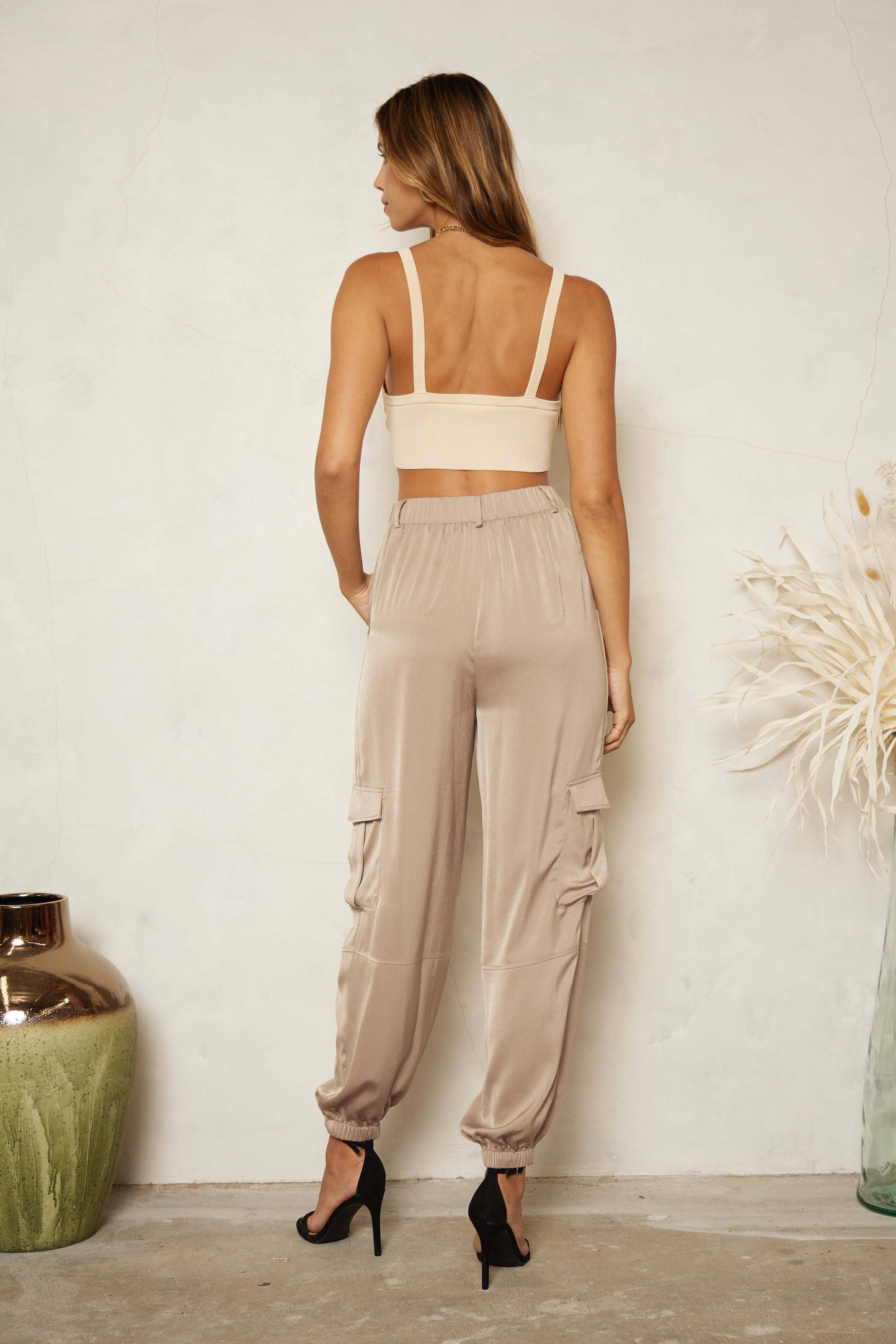 High Waisted Satin Utility Trousers