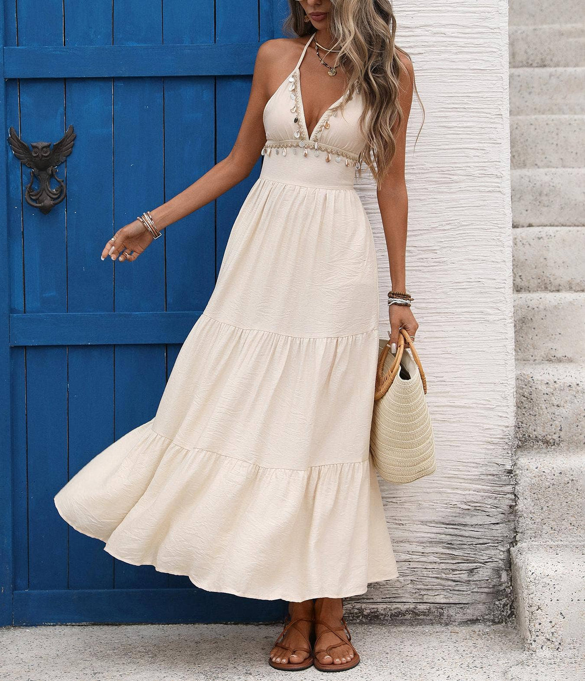 Sleeveless Halter Maxi Dress with Deep V Neck Tassel Trim