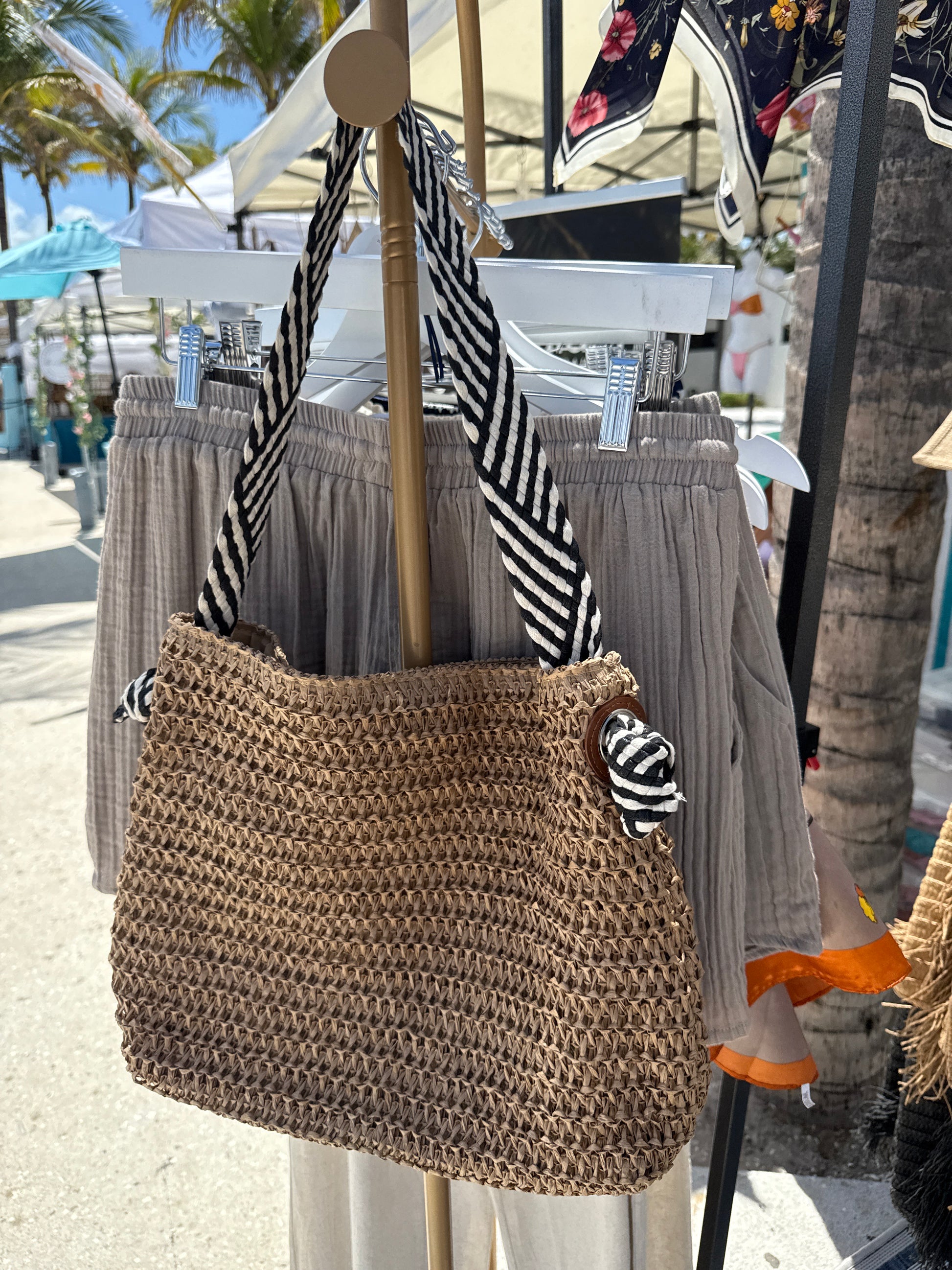 Beach Purse with Striped Strap Brown - Main Image
