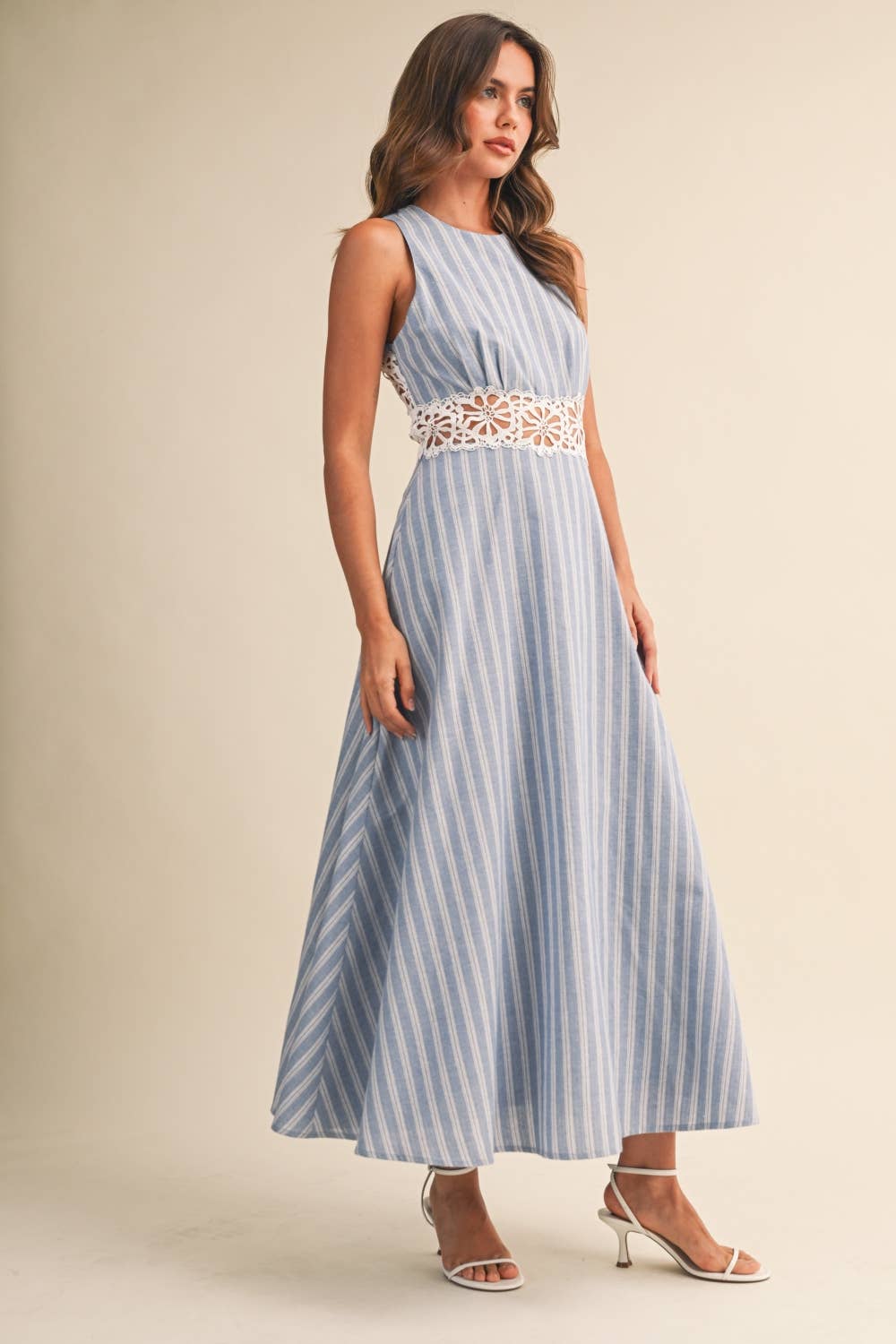 IDA1050 STRIPED  LACE TRIM OPEN BACK DETAIL MIDI DRESS