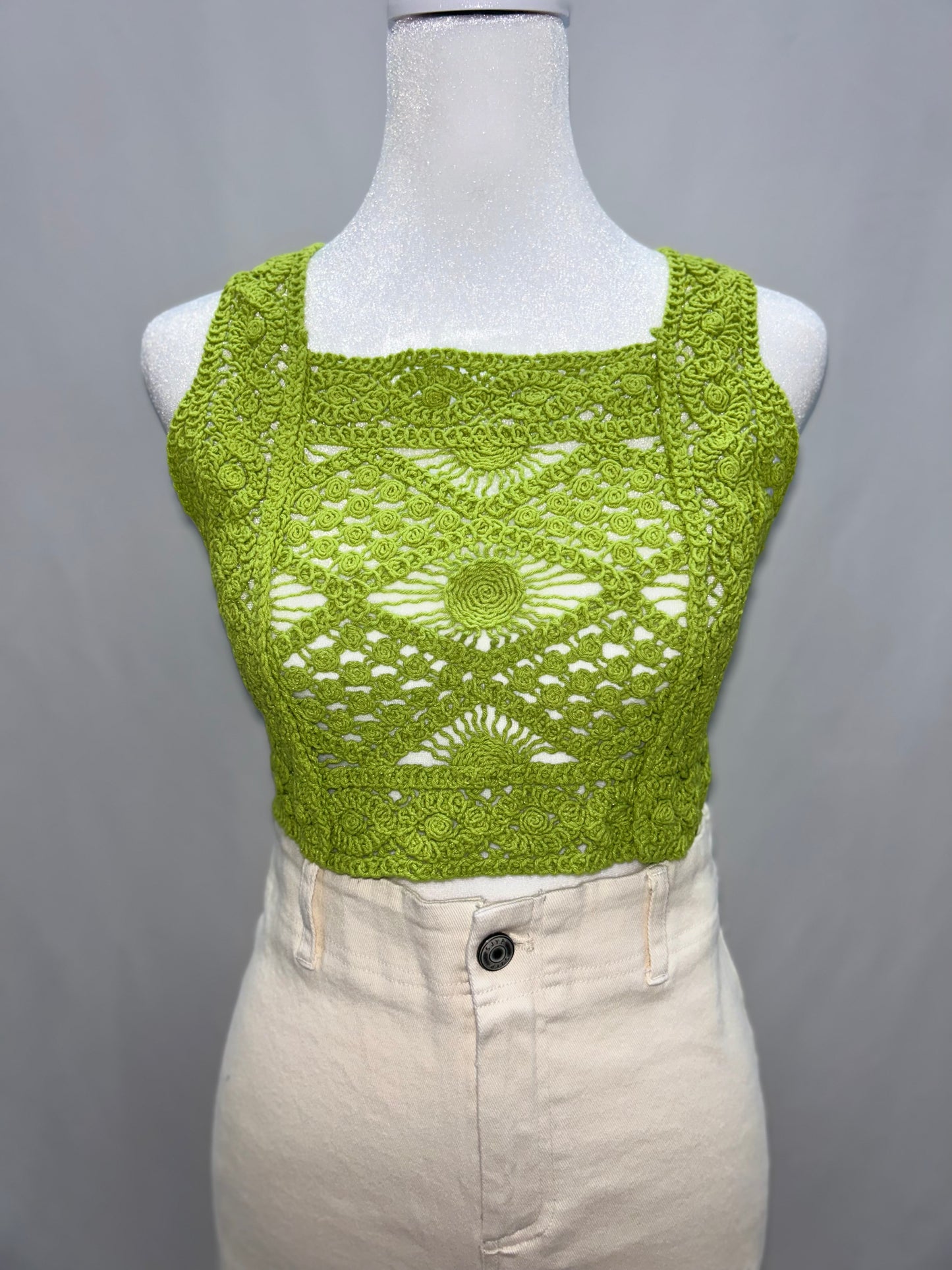 Tops:Green Handmade Vintage Crochet Camisole