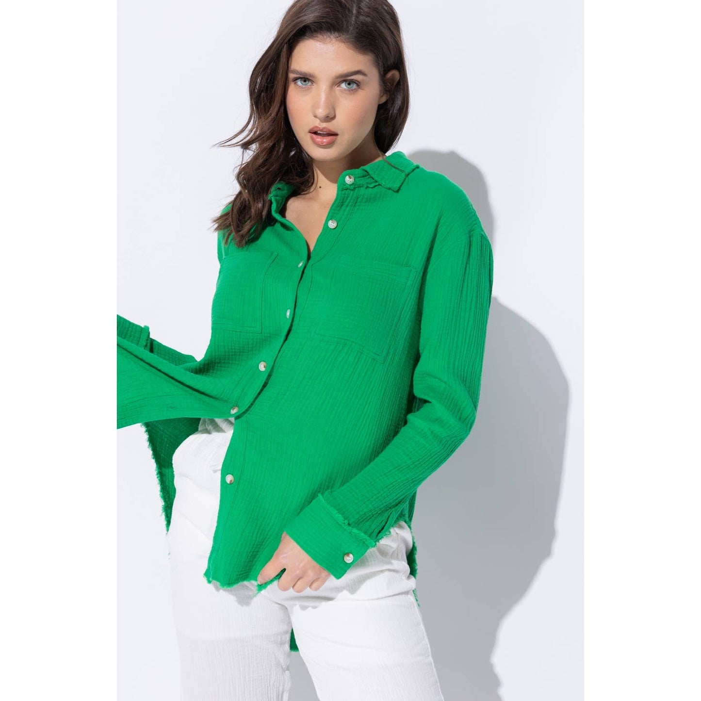 WRINKLED GAUZE BUTTON DOWN SHIRT WITH ROUGH EDGING