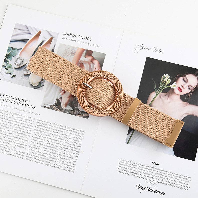 Straw Braided Belt With Round Buckle