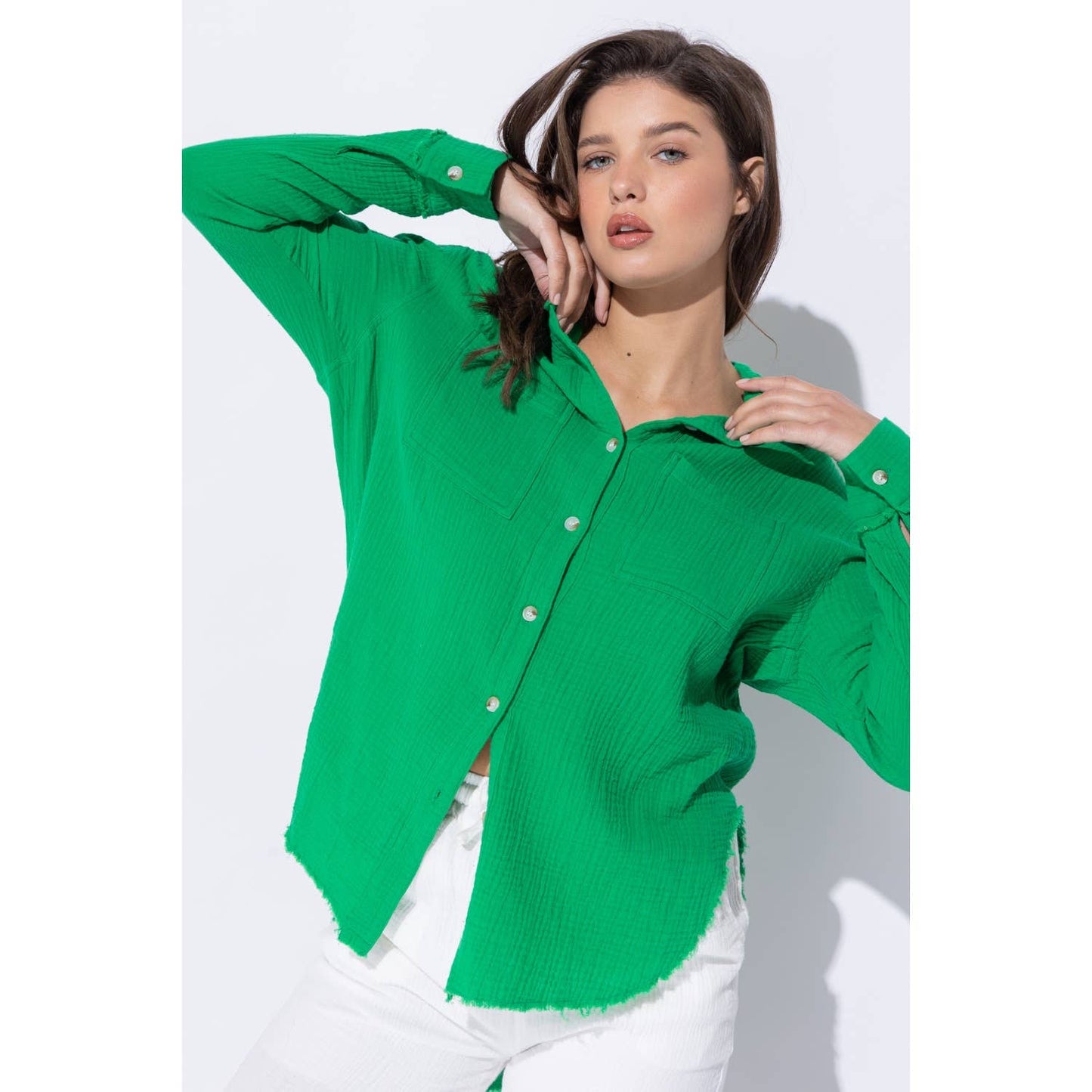 WRINKLED GAUZE BUTTON DOWN SHIRT WITH ROUGH EDGING