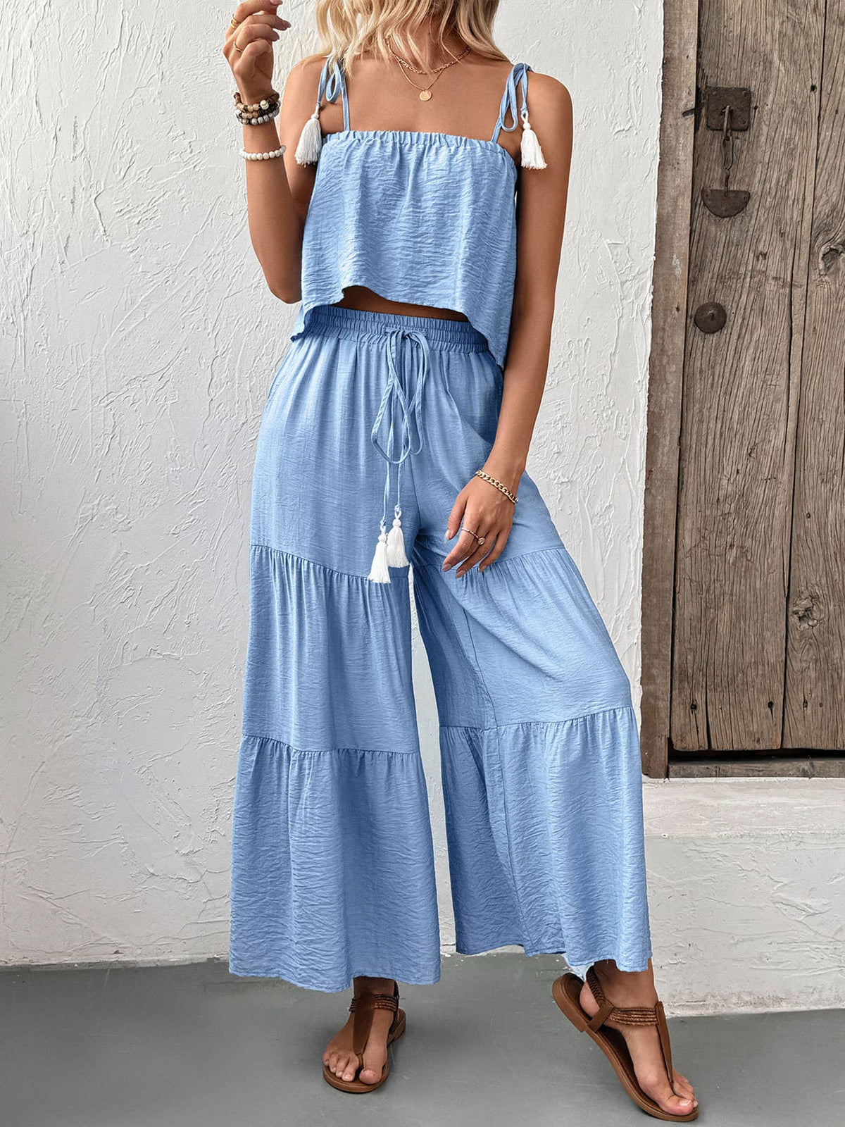 Tassel Tie Crop & Wide-Leg Set