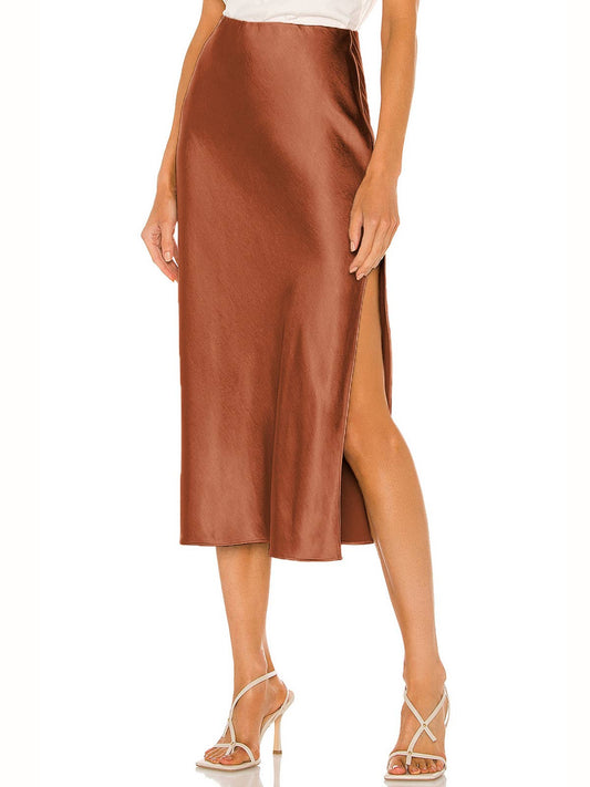 Satin Elasticated High-Waisted Slit Midi Skirt