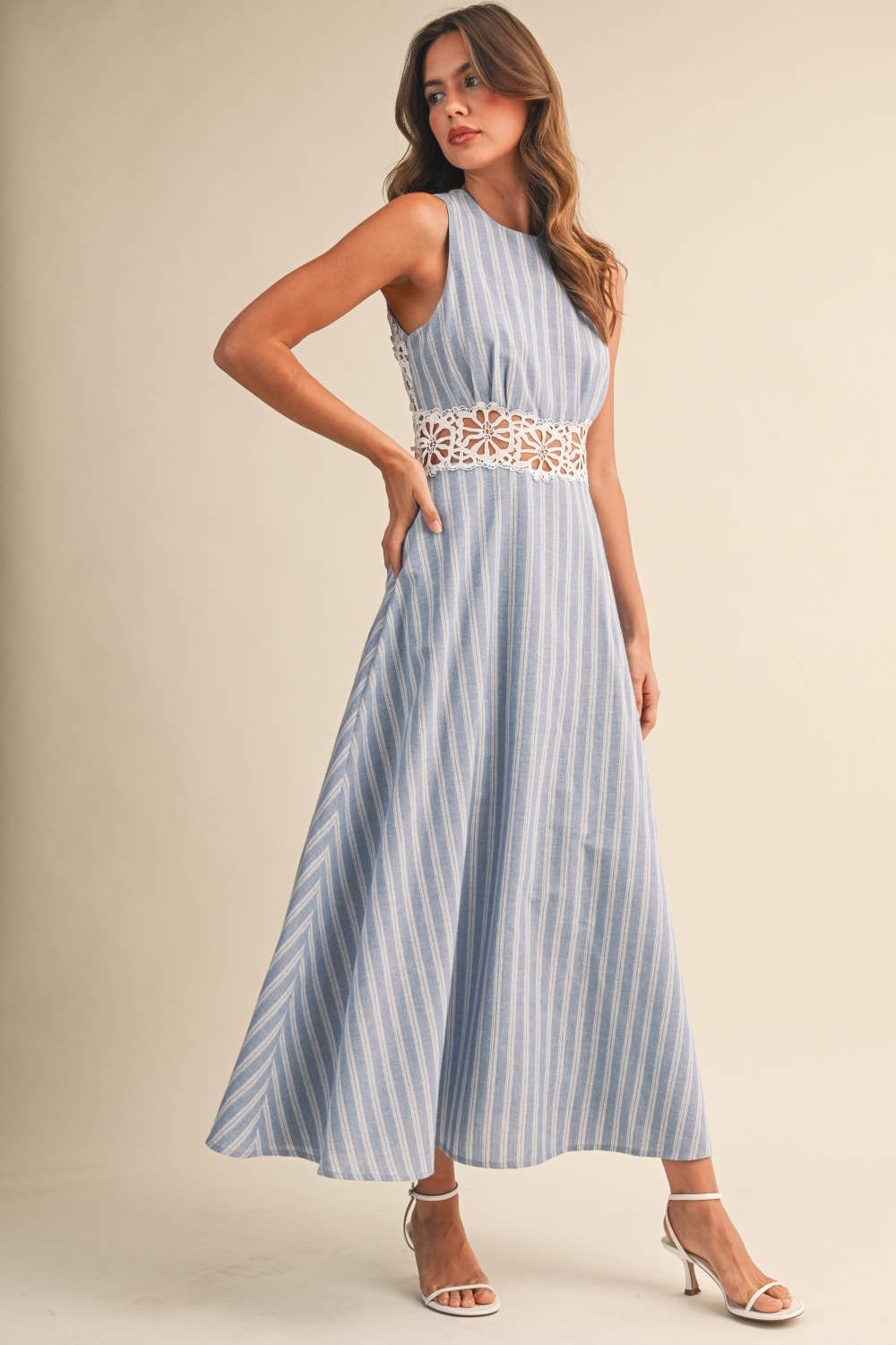 IDA1050 STRIPED  LACE TRIM OPEN BACK DETAIL MIDI DRESS