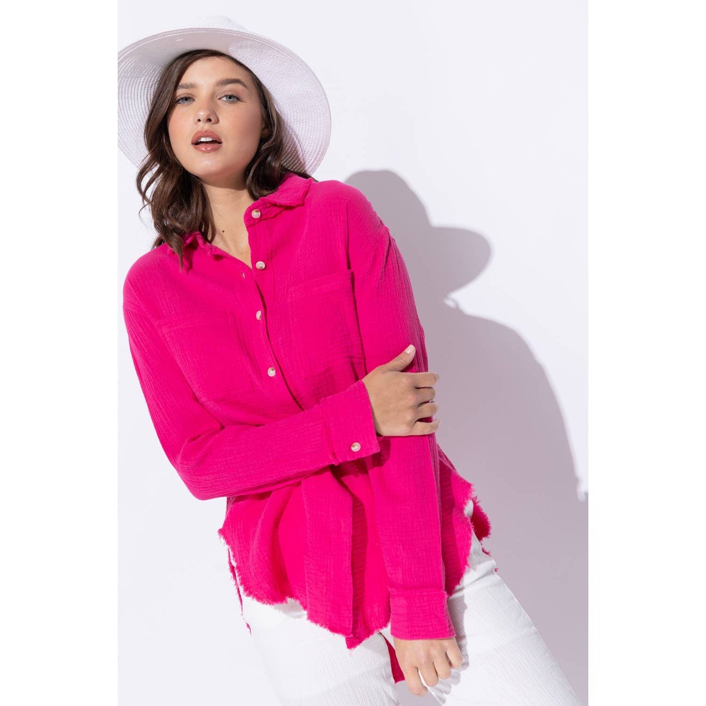 WRINKLED GAUZE BUTTON DOWN SHIRT WITH ROUGH EDGING