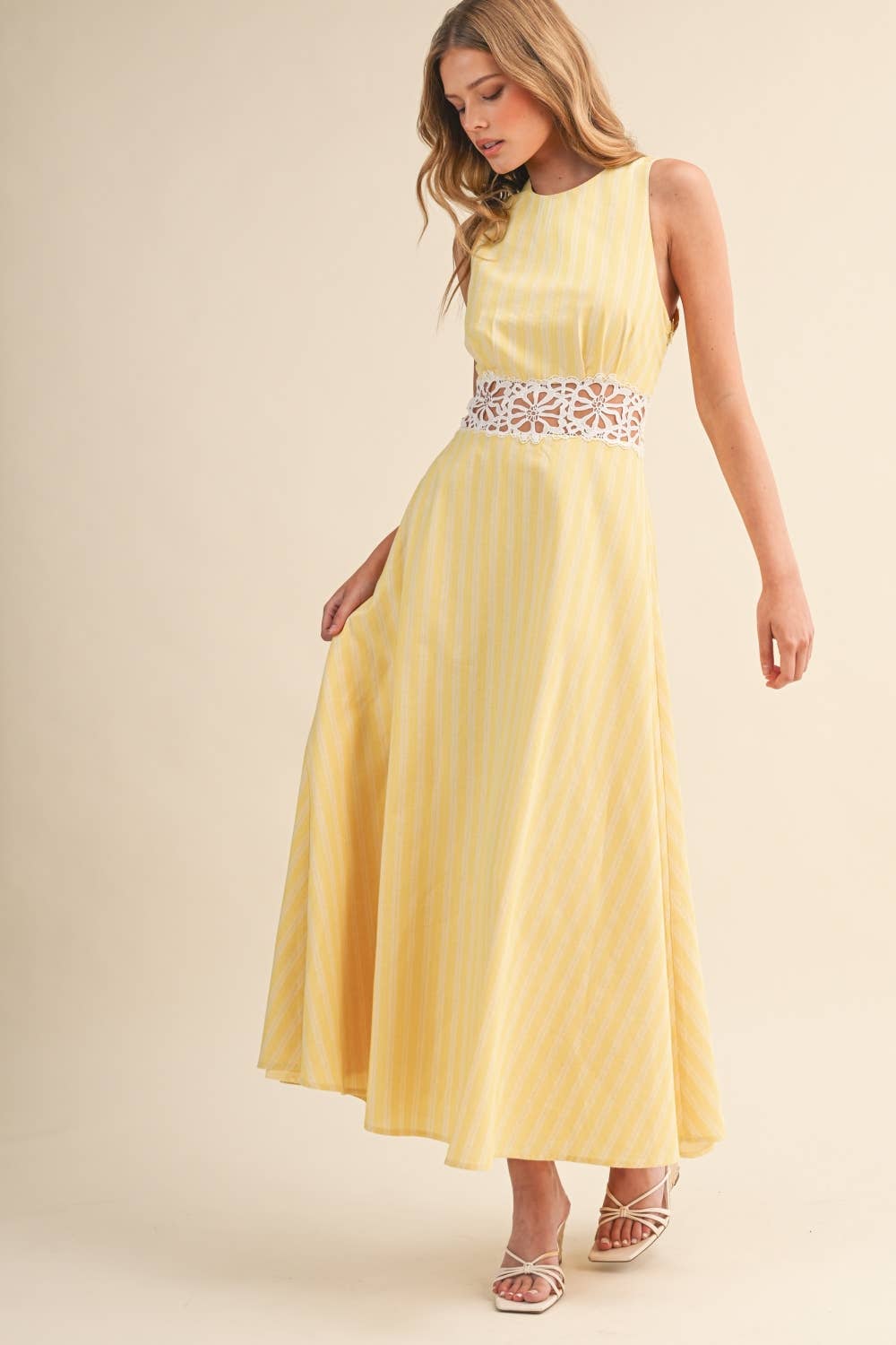 IDA1050 STRIPED  LACE TRIM OPEN BACK DETAIL MIDI DRESS