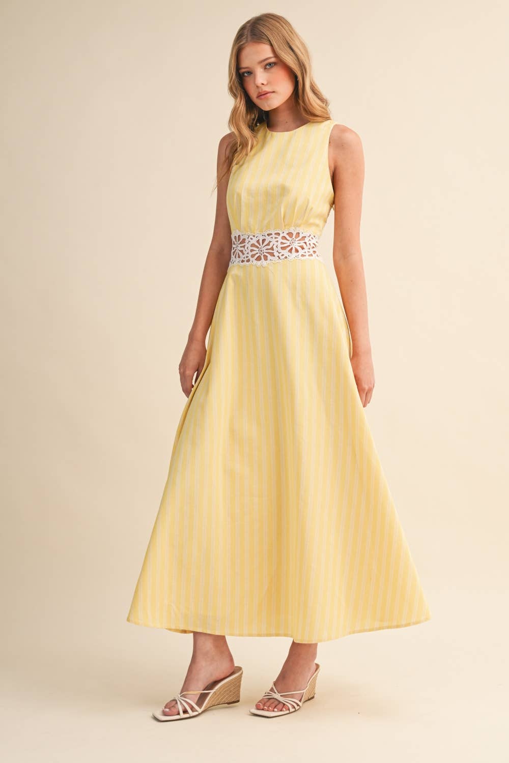 IDA1050 STRIPED  LACE TRIM OPEN BACK DETAIL MIDI DRESS