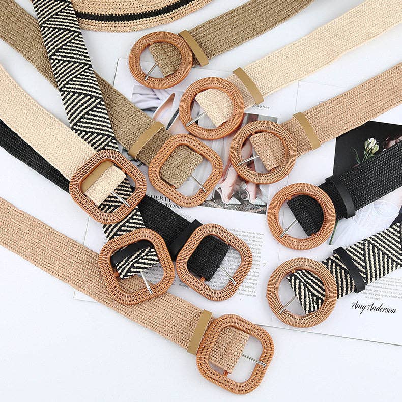 Straw Braided Belt With Round Buckle