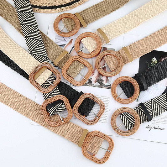 Straw Braided Belt With Round Buckle
