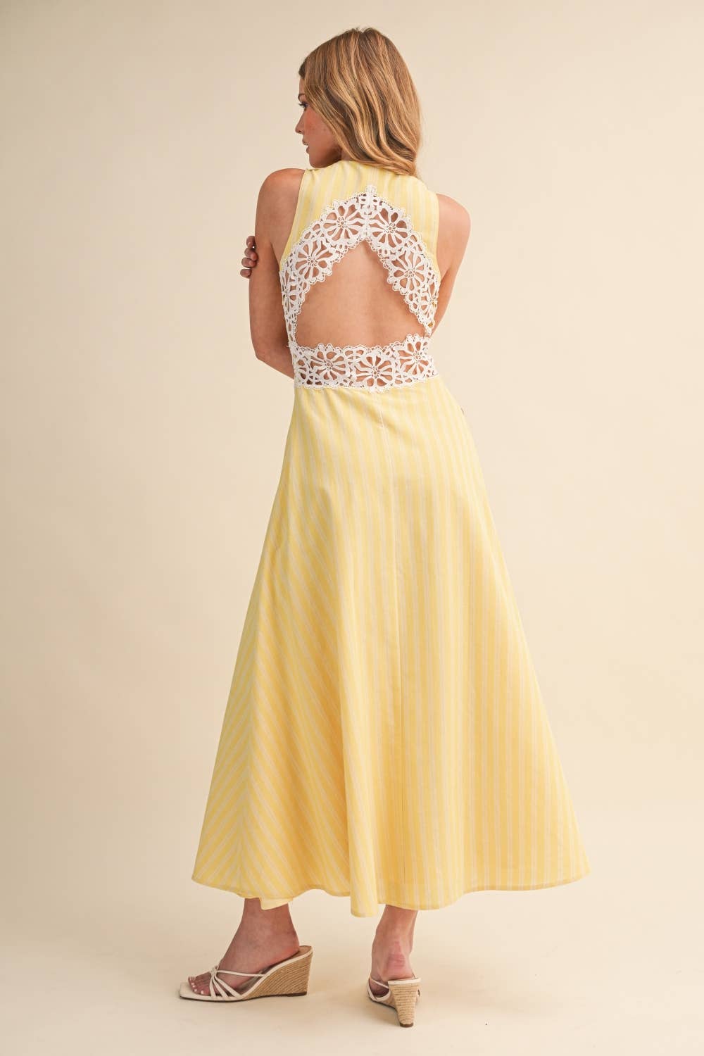 IDA1050 STRIPED  LACE TRIM OPEN BACK DETAIL MIDI DRESS