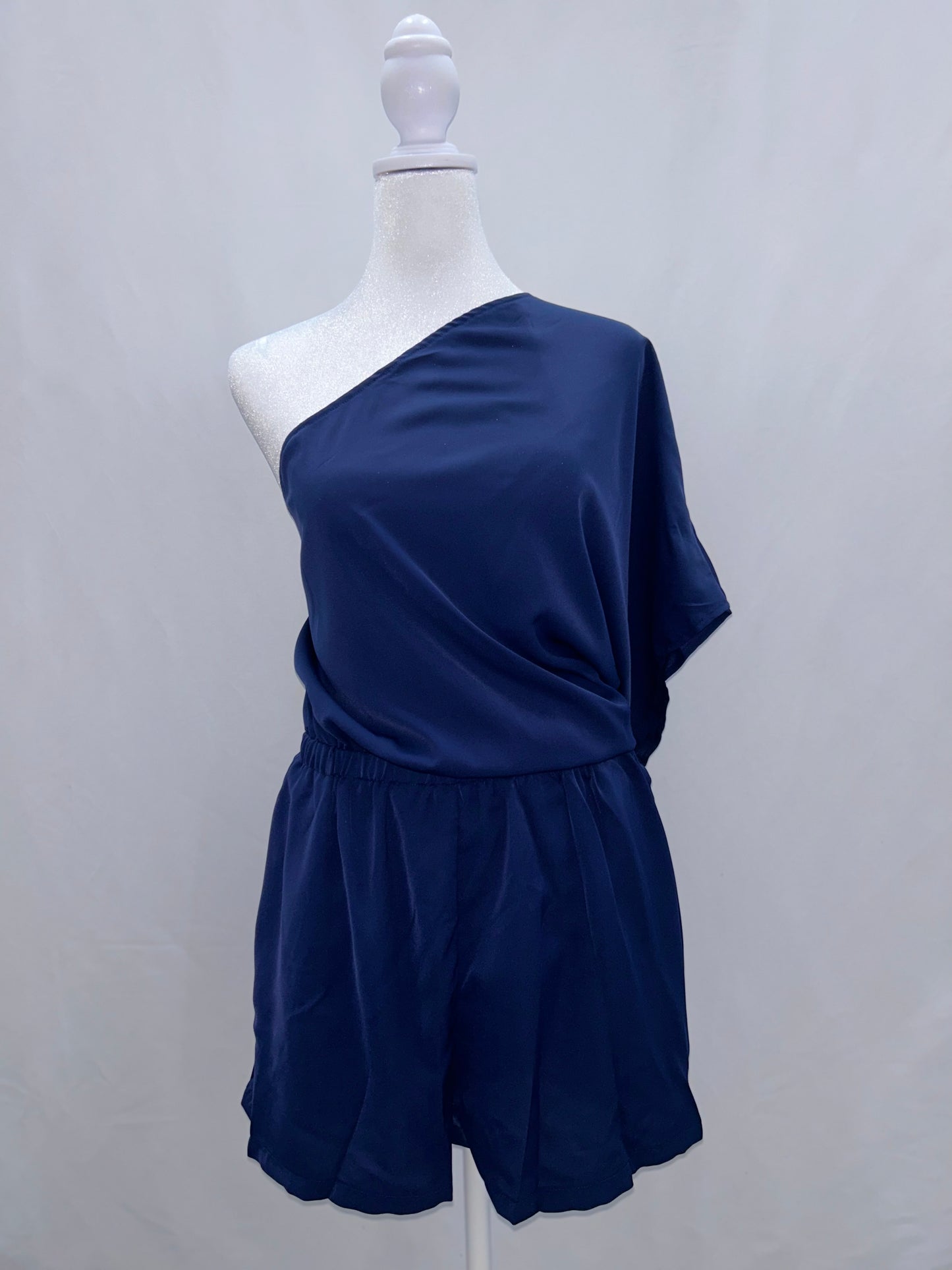 One Shoulder Drawstring Romper Navy