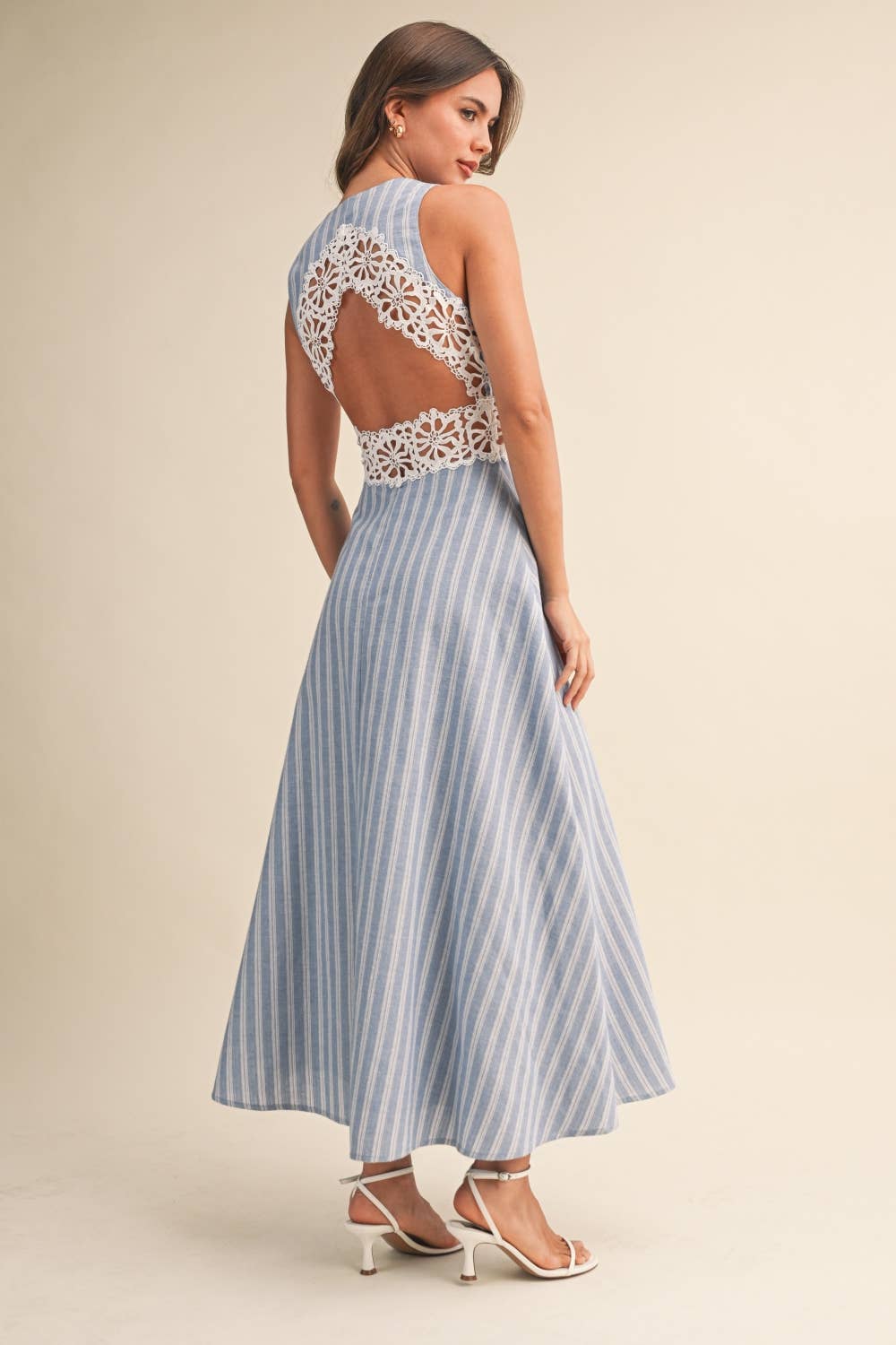 IDA1050 STRIPED  LACE TRIM OPEN BACK DETAIL MIDI DRESS