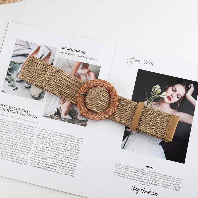 Straw Braided Belt With Round Buckle