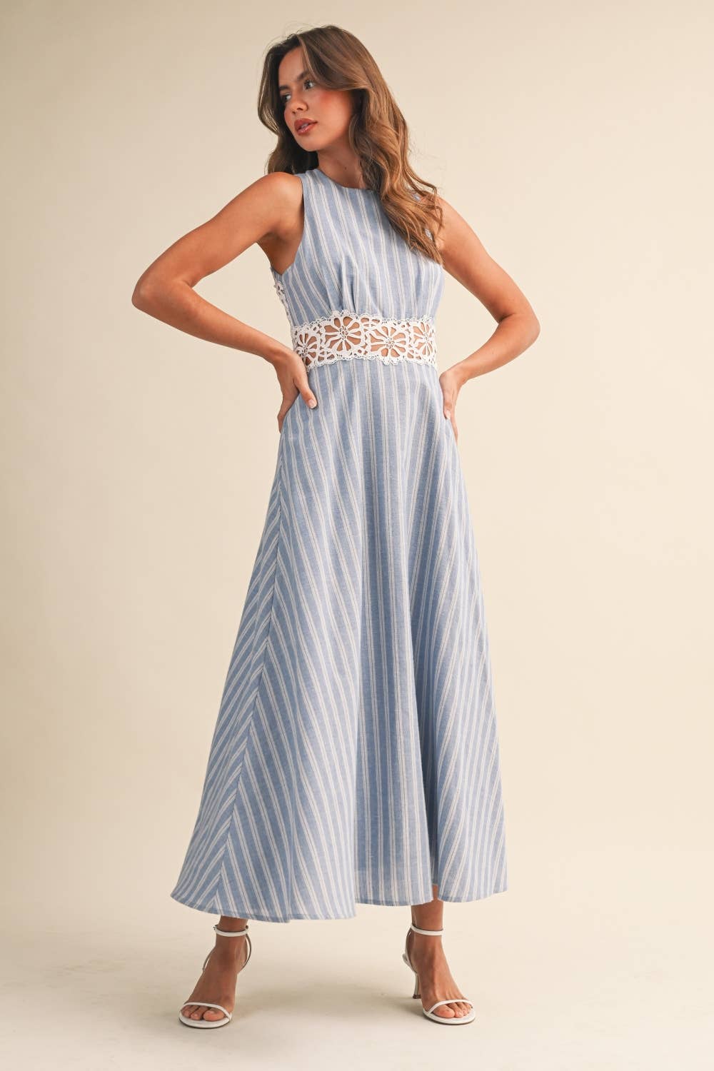 IDA1050 STRIPED  LACE TRIM OPEN BACK DETAIL MIDI DRESS