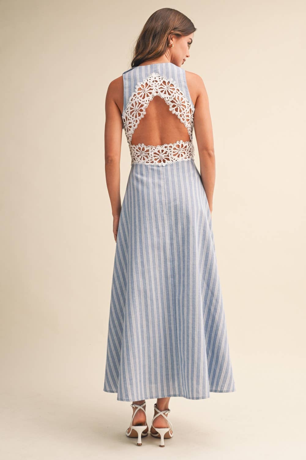 IDA1050 STRIPED  LACE TRIM OPEN BACK DETAIL MIDI DRESS