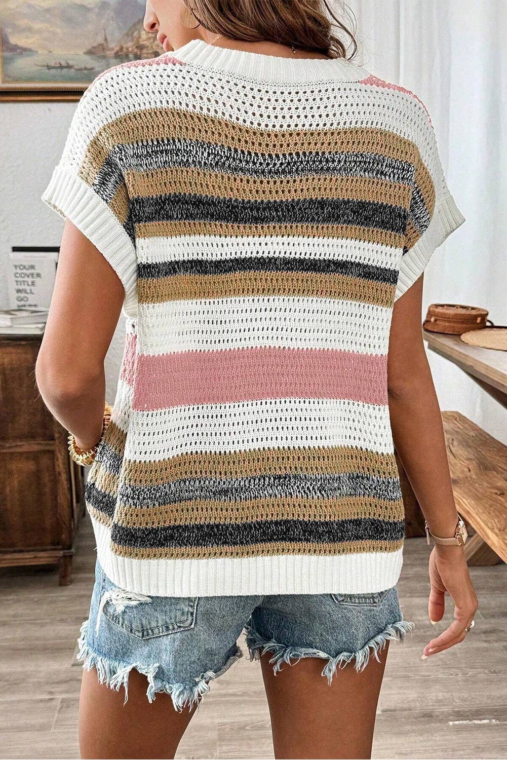 Stripe Eyelet Knit Sweater Tee