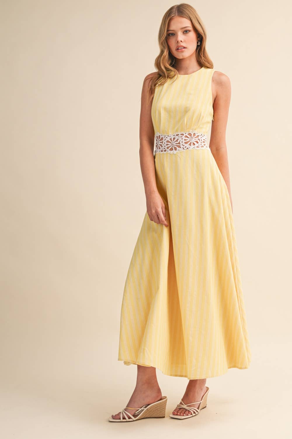 IDA1050 STRIPED  LACE TRIM OPEN BACK DETAIL MIDI DRESS