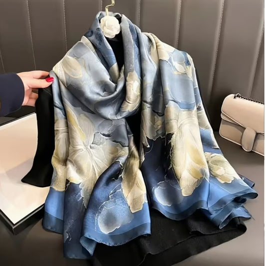Blue on Dark Blue Floral scarf with Dark Blue Border