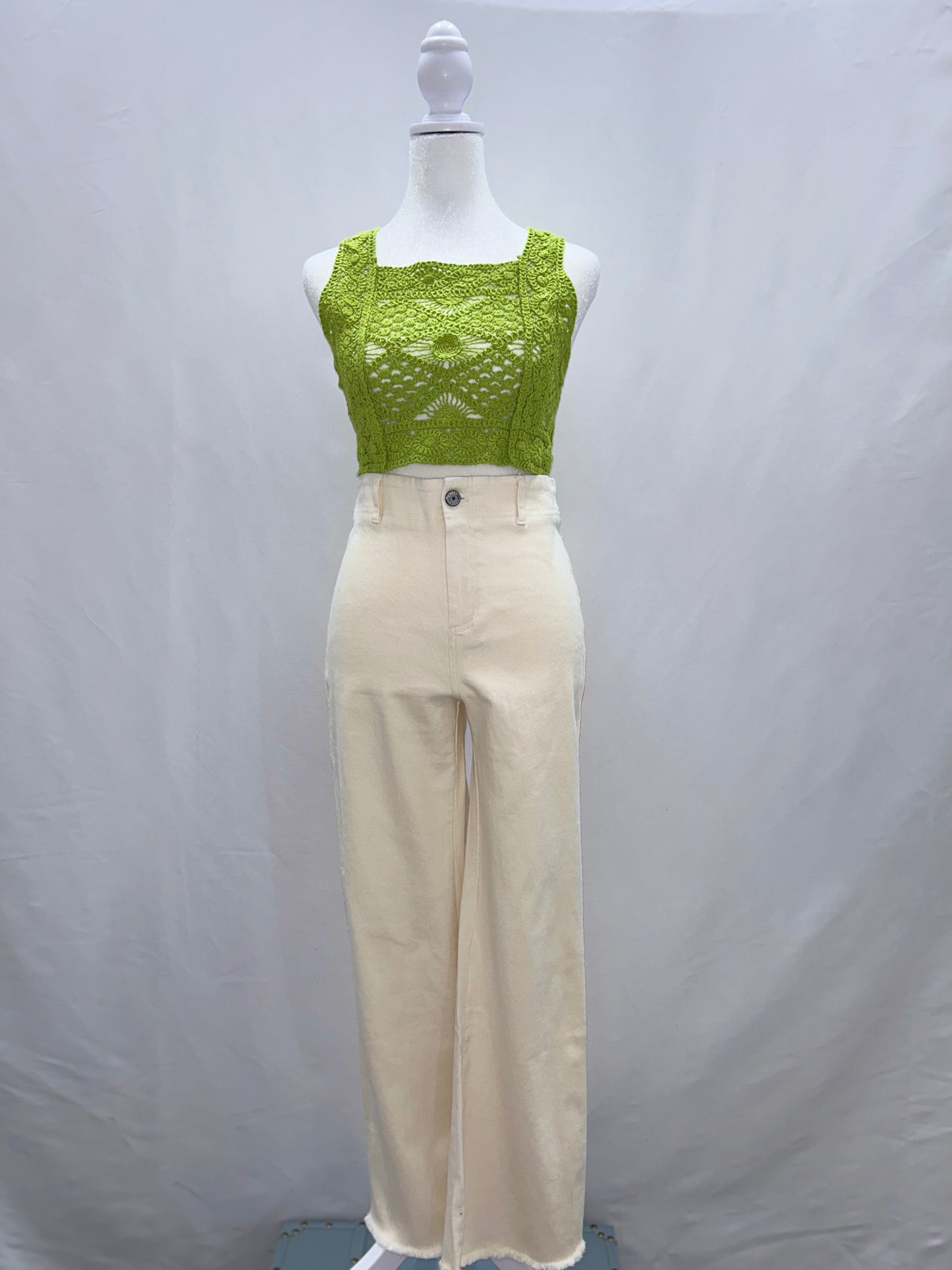 Tops:Green Handmade Vintage Crochet Camisole