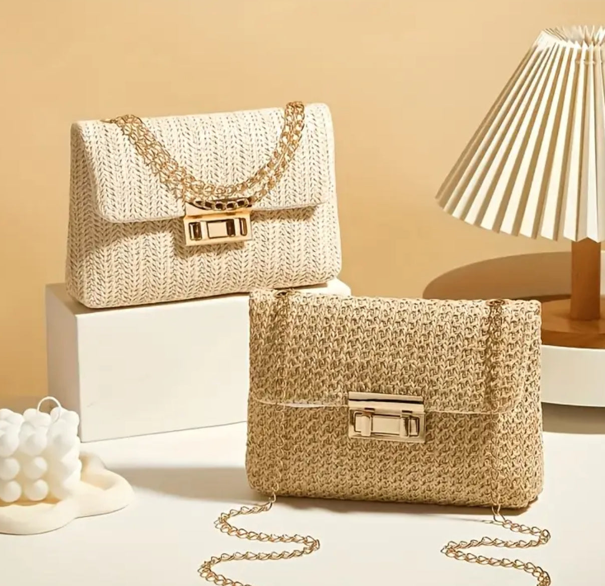 Woven Straw Shoulder Bag with Gold Chain Strap