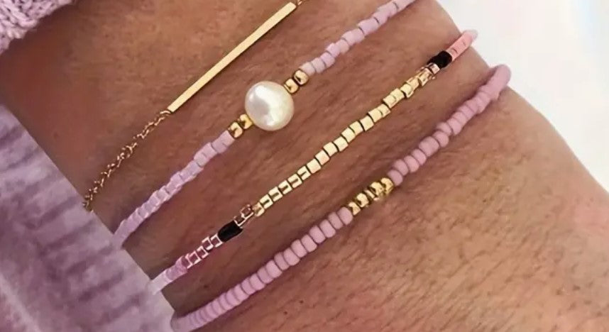 Pink Beaded Bracelet Set 4 Piece Bundle