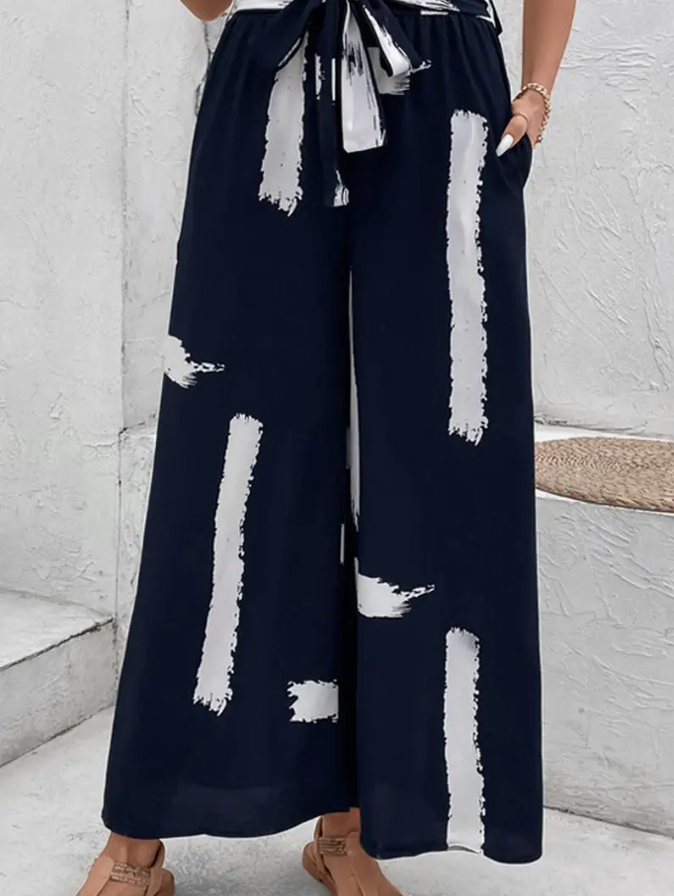 LACE-UP PRINTED HIGH-WAIST WIDE-LEG NAVY XL