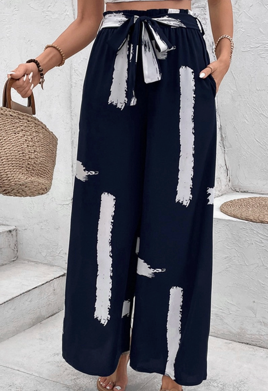 LACE-UP PRINTED HIGH-WAIST WIDE-LEG NAVY XL