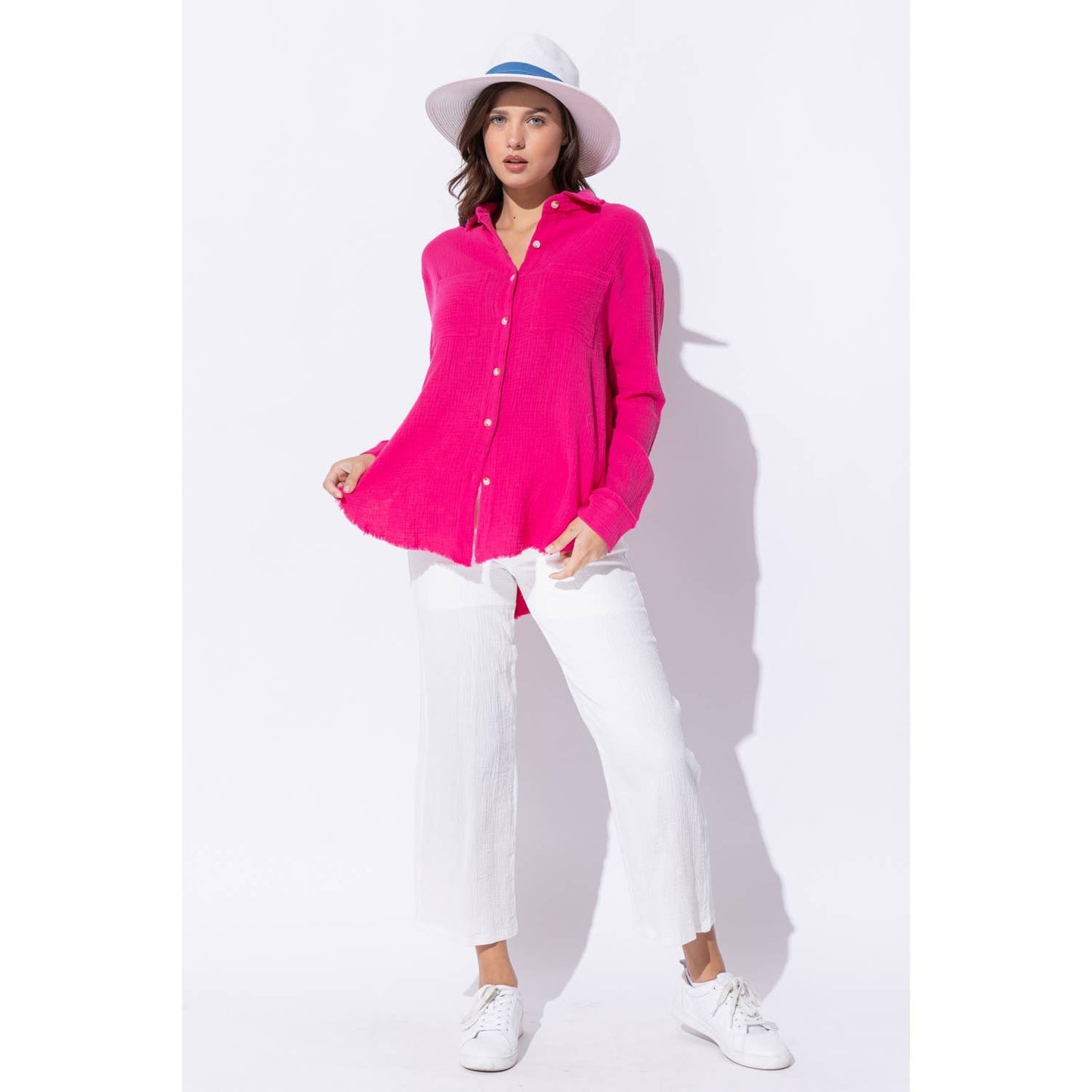WRINKLED GAUZE BUTTON DOWN SHIRT WITH ROUGH EDGING