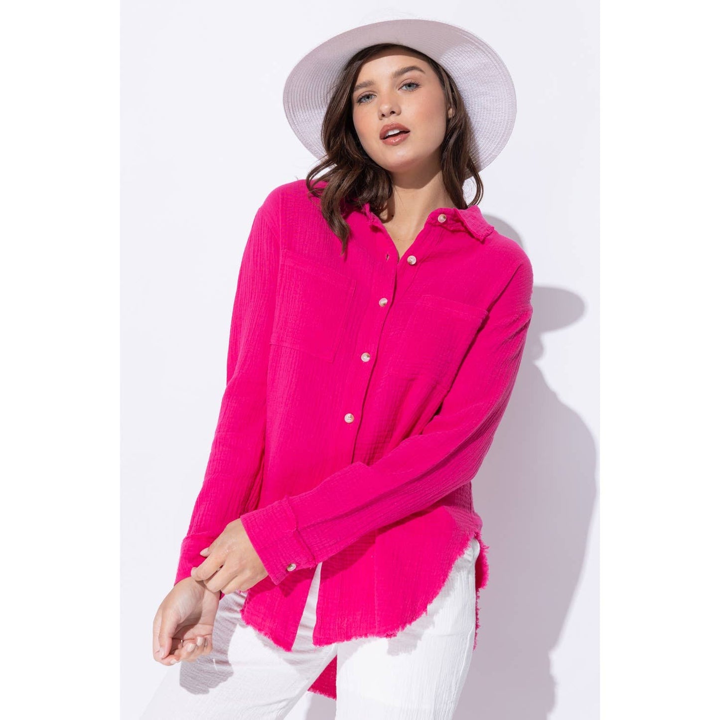 WRINKLED GAUZE BUTTON DOWN SHIRT WITH ROUGH EDGING