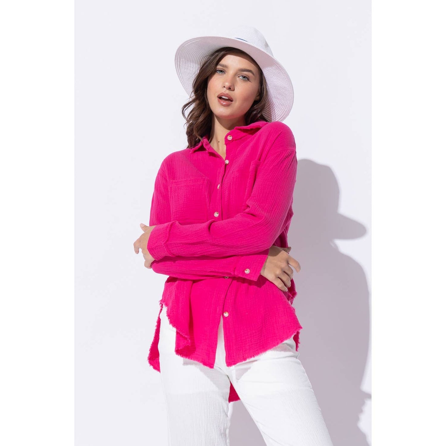 WRINKLED GAUZE BUTTON DOWN SHIRT WITH ROUGH EDGING