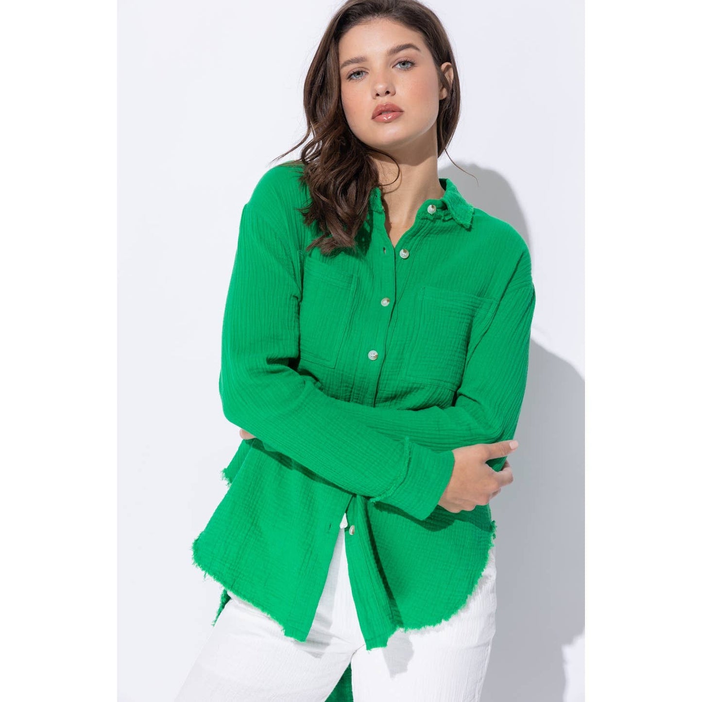 WRINKLED GAUZE BUTTON DOWN SHIRT WITH ROUGH EDGING