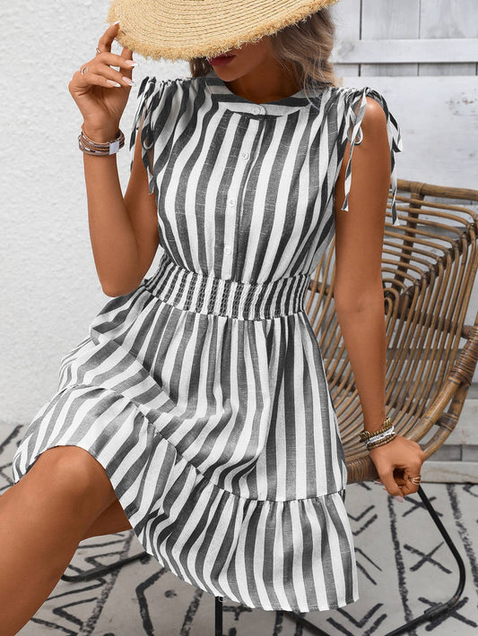 Striped Smocked Waist Tie Shoulder Mini Dress