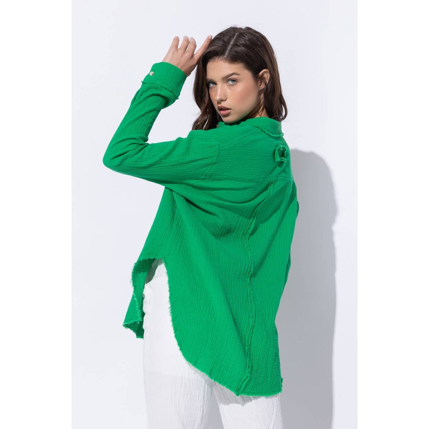 WRINKLED GAUZE BUTTON DOWN SHIRT WITH ROUGH EDGING