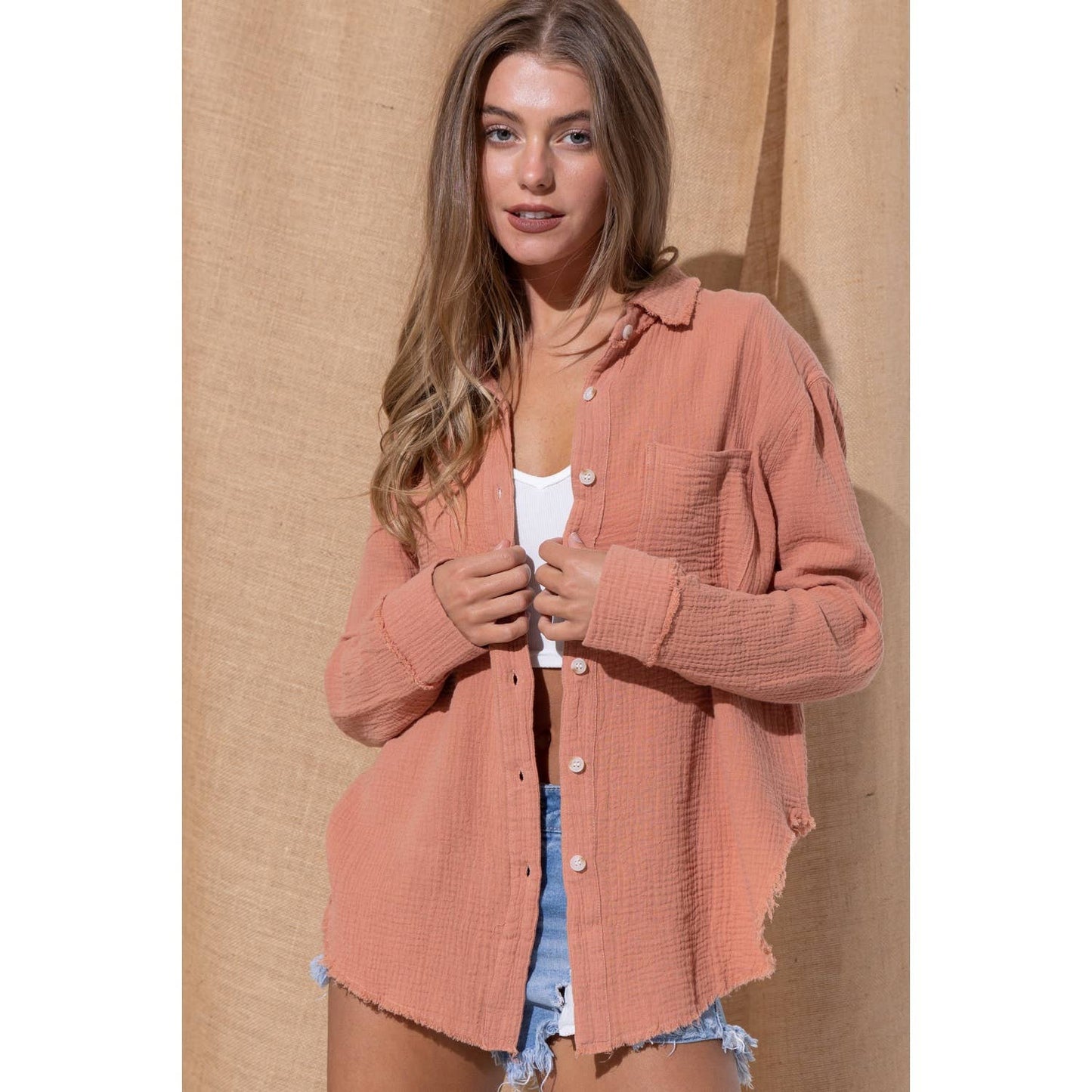 WRINKLED GAUZE BUTTON DOWN SHIRT WITH ROUGH EDGING